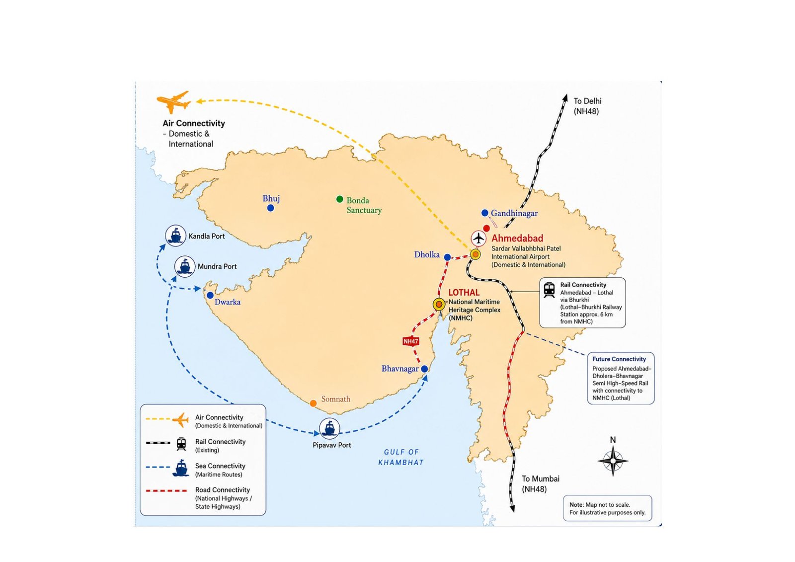 Map of air, rail, road and sea connectivity to Lothal and the National Maritime Heritage Complex