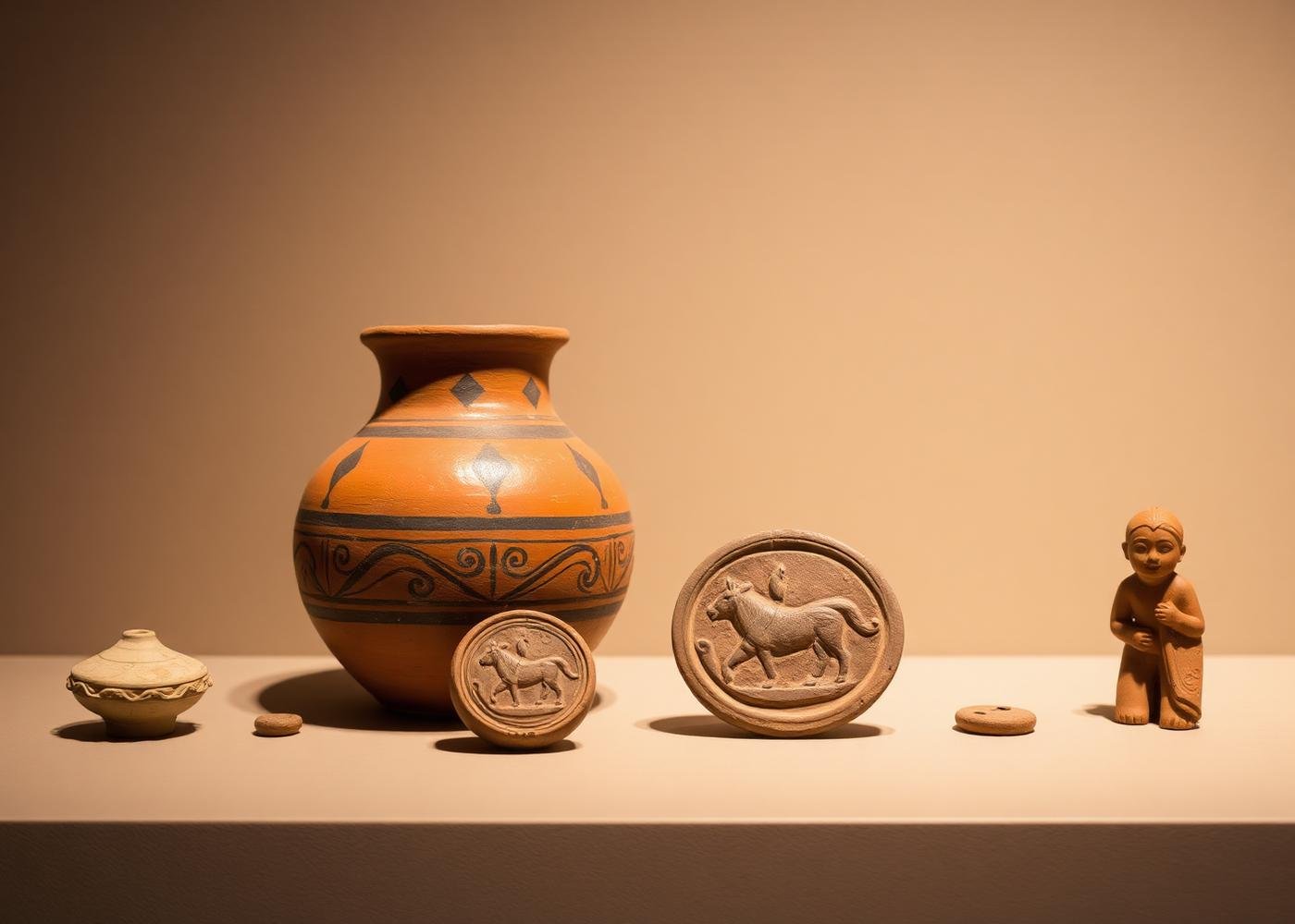 Museum-style display of Indus Valley pottery, seals and a terracotta figurine