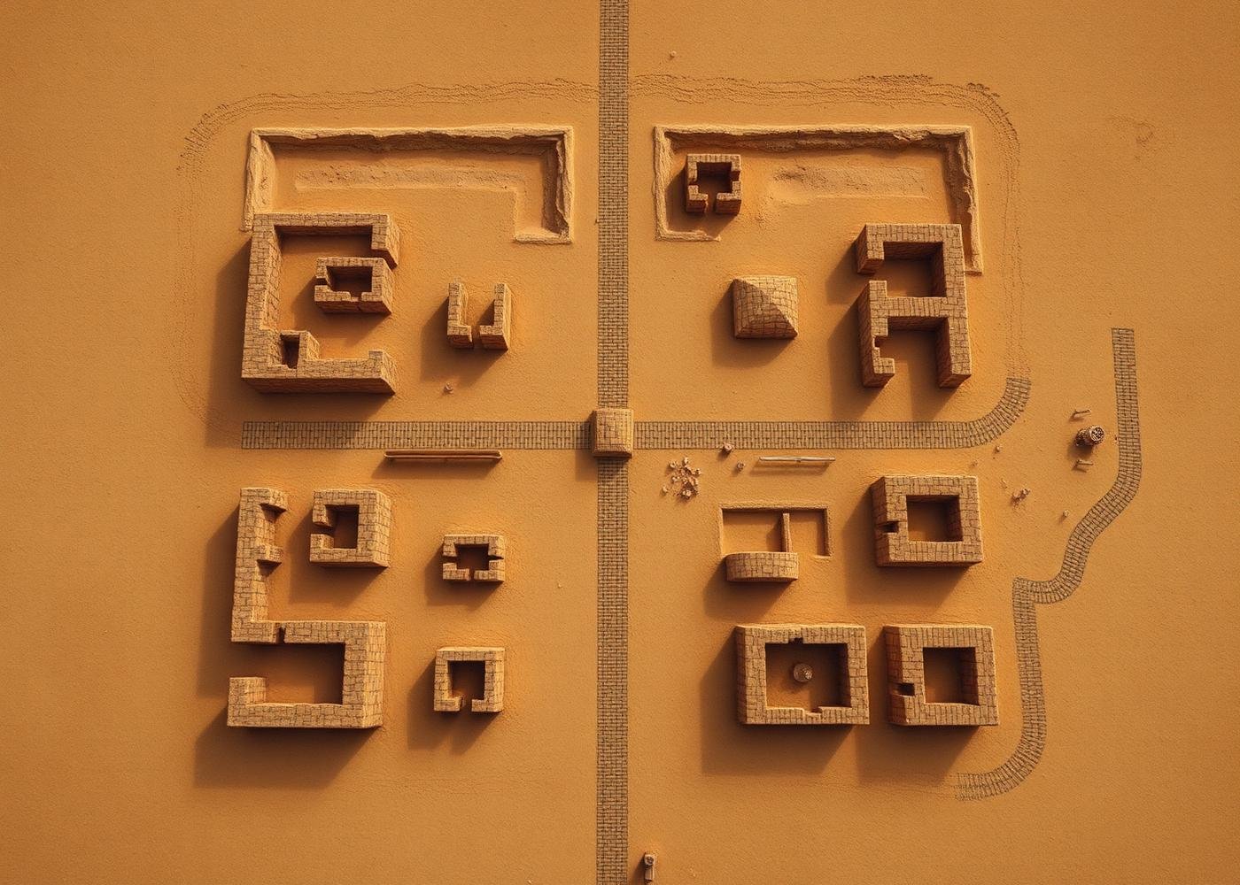 Illustrative overhead view of grid-planned Harappan streets and house foundations