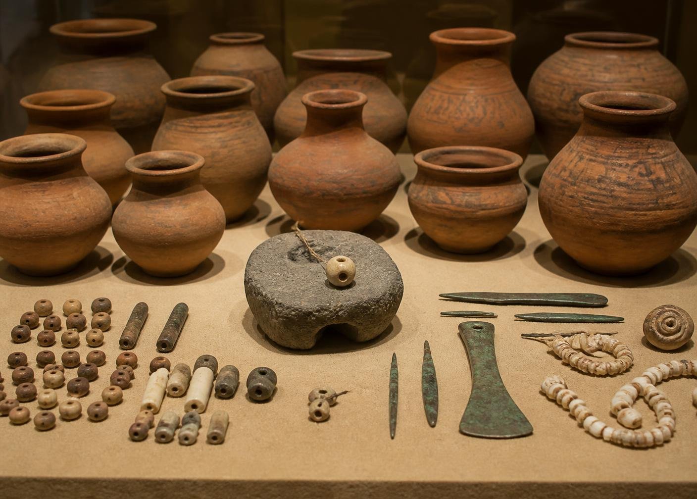 Display of terracotta vessels, stone beads, copper tools and shell ornaments